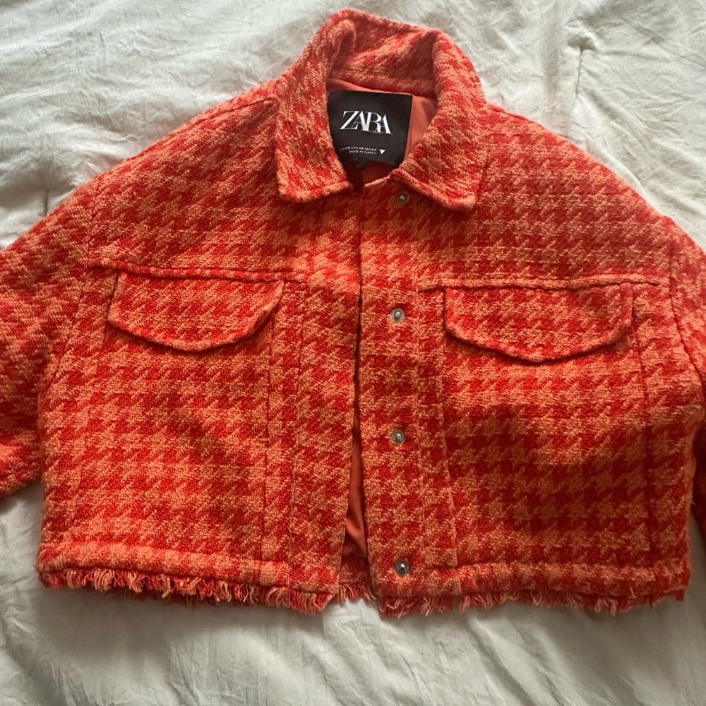 Zara Red-Orange Houndstooth Cropped Jacket
